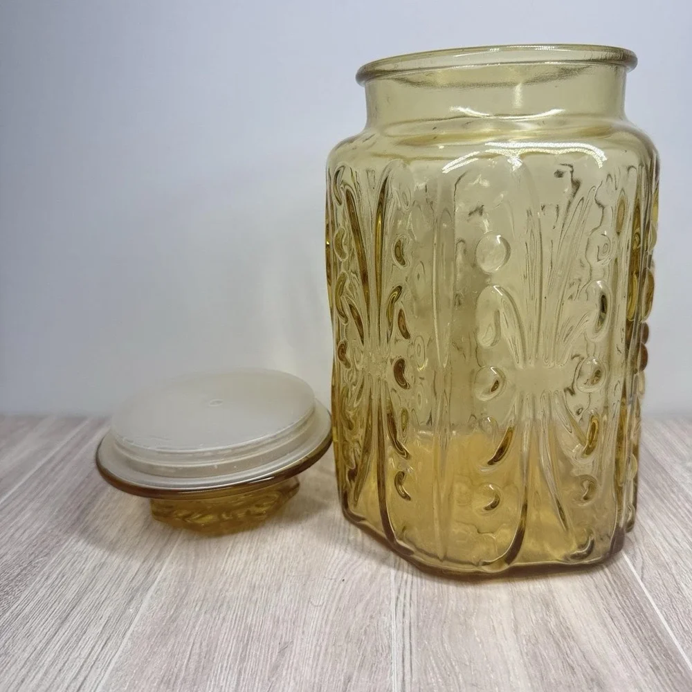Amber‎ Glass Apothecary Jar Canister Lid Vintage Floral Embossed 9in